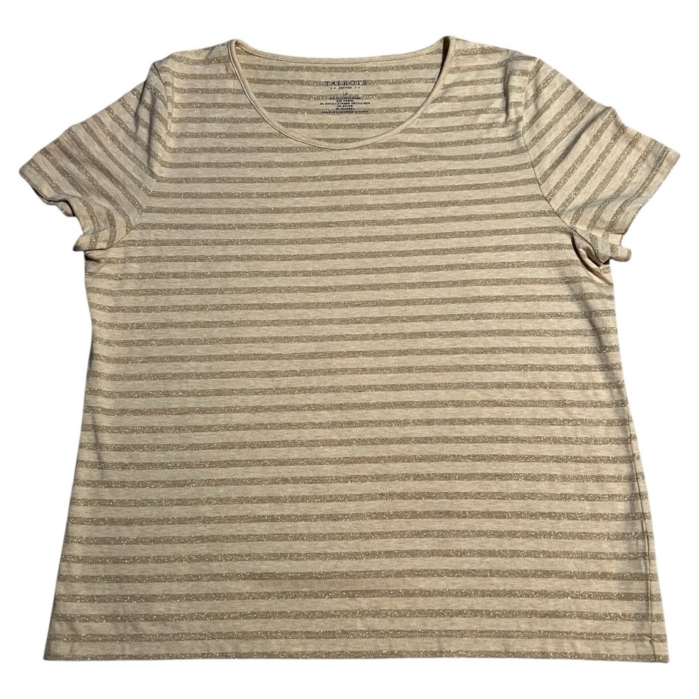 Talbot’s Gold/Tan Striped Glitter Short Sleeve Top Size Large Petite